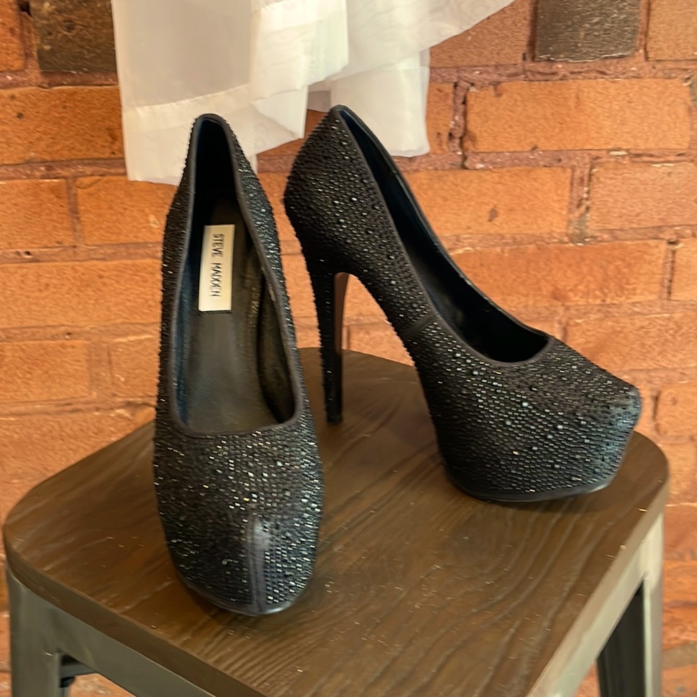 Steve Madden Sky High Black Sparkle Platform Heels Size ? 10